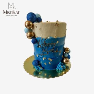 torta alta tonos azules y esferas personalizada por mistikat pasteleria en tacna