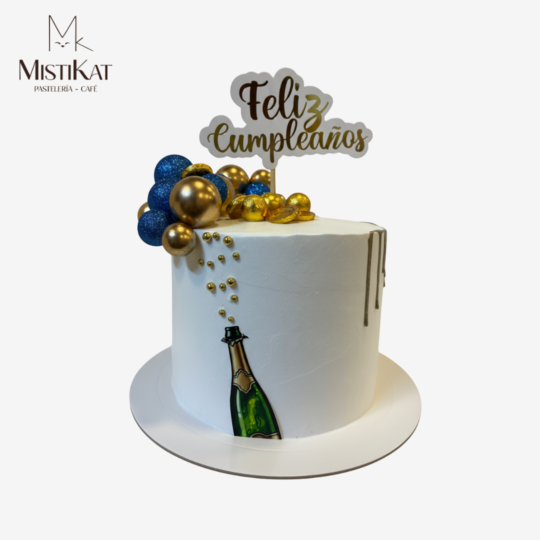 torta alta con esferas y champagne mistikat tacna
